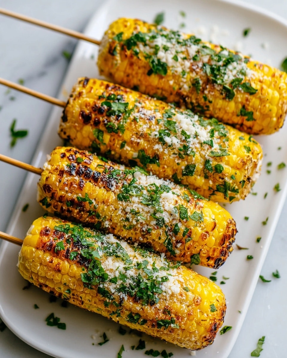 Four grilled corn on the cob pieces are placed side by side on a white rectangular plate. Each cob has a bright yellow color with slight char marks showing a crispy texture. They are sprinkled generously with chopped green herbs and some white grated cheese or seasoning on top. The wooden skewers stick out from one end of each corn piece. The plate sits on a white marbled surface with small green herb bits scattered around. photo taken with an iphone --ar 4:5 --v 7
