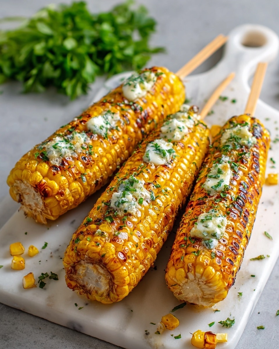 Three grilled corn cobs on wooden sticks lie on a white marble cutting board with a handle. Each corn has four thick dabs of white melted butter spread evenly along the top, sprinkled with green chopped herbs and black pepper. The corn kernels are bright yellow with a shiny, slightly charred texture, showing some brown grill marks. Small bits of chopped herbs are scattered on the cutting board around the cobs. In the background, there is a blurred bunch of green herbs also resting on the white marbled surface. Photo taken with an iphone --ar 4:5 --v 7