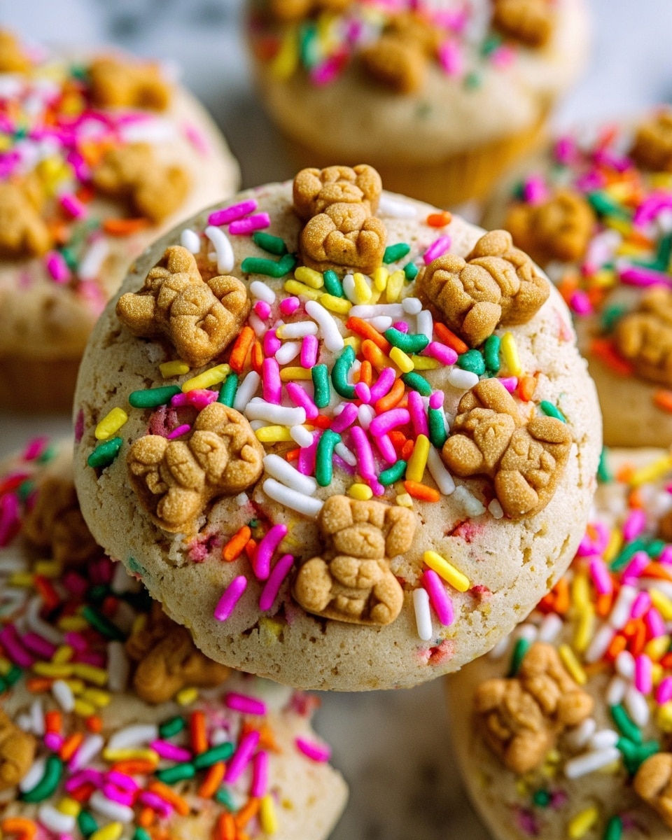 The image shows a close-up top view of a single cupcake with a light beige cookie dough texture. The cupcake is topped with small brown teddy bear-shaped cookies placed around the surface and colorful rainbow sprinkles scattered over, featuring bright pink, yellow, white, green, orange, and red colors. In the background, more similar cupcakes with teddy bear cookies and rainbow sprinkles can be seen, all resting on a white marbled surface. The lighting emphasizes the textures and vivid colors, making the cupcake look soft and festive, photo taken with an iphone --ar 4:5 --v 7
