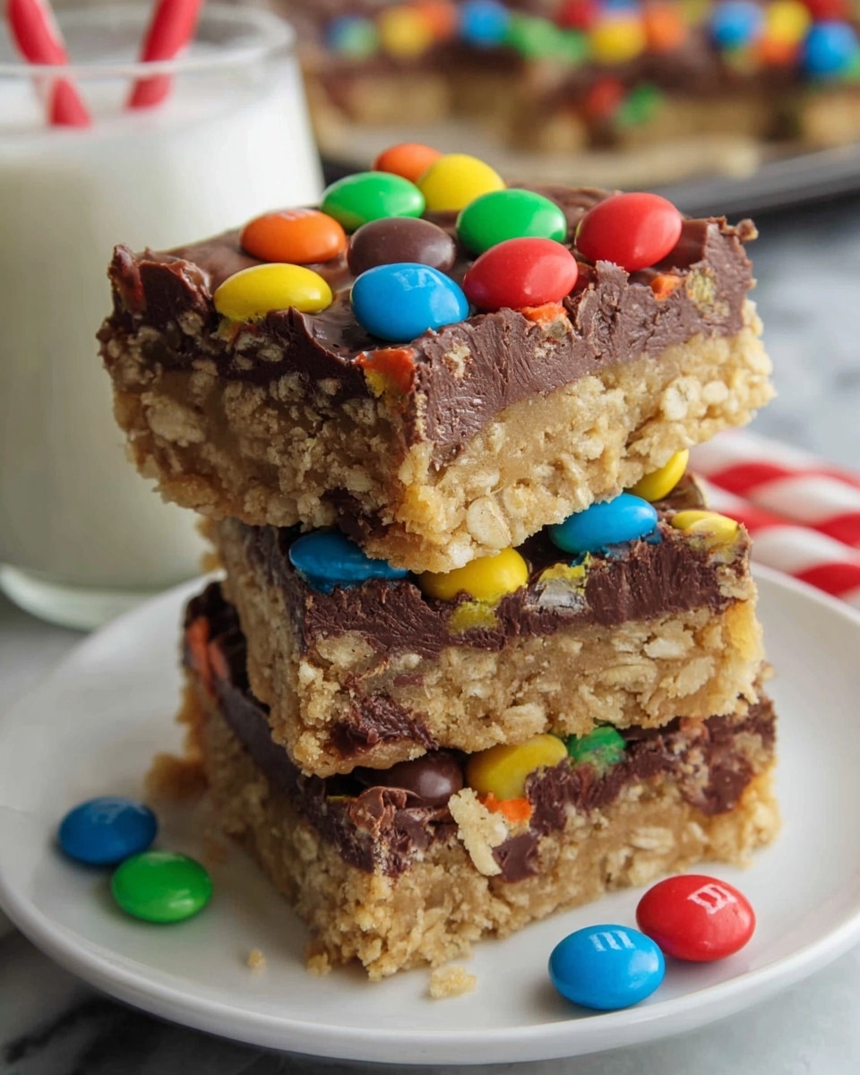 The image shows a stack of three dessert bars on a white plate, set on a white marbled surface. Each bar has three layers: the bottom and top layers are light brown and crumbly with an oat-like texture, while the middle layer is smooth and dark brown, likely chocolate. The top layer is decorated with colorful candy-coated chocolates in red, yellow, green, blue, orange, and brown, some whole and some cracked, adding a bright and playful look. A few candies are scattered around the plate. In the background, there is a glass of milk with a red and white striped straw out of focus. Photo taken with an iphone --ar 4:5 --v 7