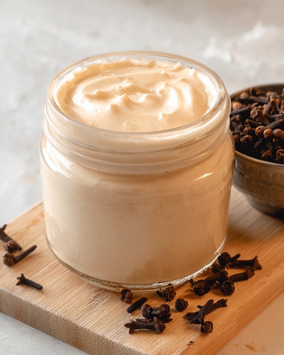 A clear glass jar filled to the top with a smooth, creamy pale beige mixture that has a thick, soft texture with gentle swirls on the surface. The jar sits on a light wooden board with small dried cloves scattered around its base, adding a dark brown contrast in front of the jar, while to the right side, a metal bowl contains more dried cloves. The background is a white marbled texture, giving a clean and bright feel. photo taken with an iphone --ar 4:5 --v 7