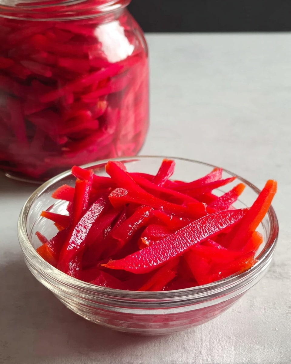 A clear glass bowl sits on a white marbled surface, filled with bright red thin strips of pickled vegetables that look moist and slightly shiny. Behind it, there is a slightly blurred glass jar also filled with the same vibrant red strips, packed tightly inside. The strips have a smooth texture and are arranged loosely in the bowl, each piece showing a slightly curved shape. The lighting highlights the intense red color and wet surface of the strips. photo taken with an iphone --ar 4:5 --v 7