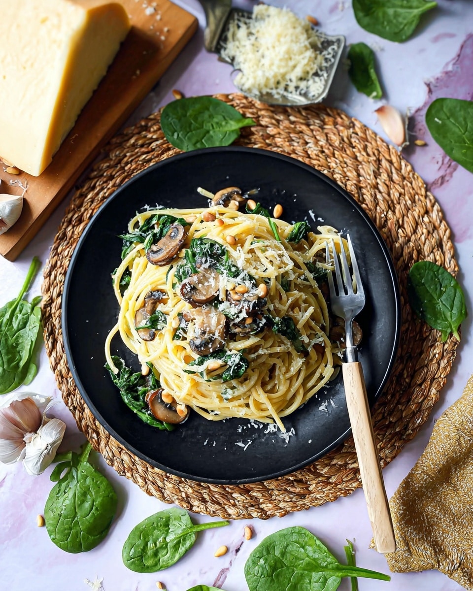 A black plate on top of a white plate holds a serving of pasta with three main layers: the bottom layer shows light yellow cooked spaghetti noodles, the middle layer has dark brown sautéed mushrooms and fresh dark green spinach leaves mixed in, and the top layer is sprinkled with small light brown toasted pine nuts and grated white cheese. A fork with a light brown wooden handle rests on the right side of the black plate, twirling some pasta. Around the plates are scattered green spinach leaves and a few garlic cloves. In the top part of the image, a wooden cutting board displays a wedge of pale yellow cheese and some grated cheese. The whole scene sits on a white marbled surface with a woven tan placemat showing on the left side. Photo taken with an iphone --ar 4:5 --v 7