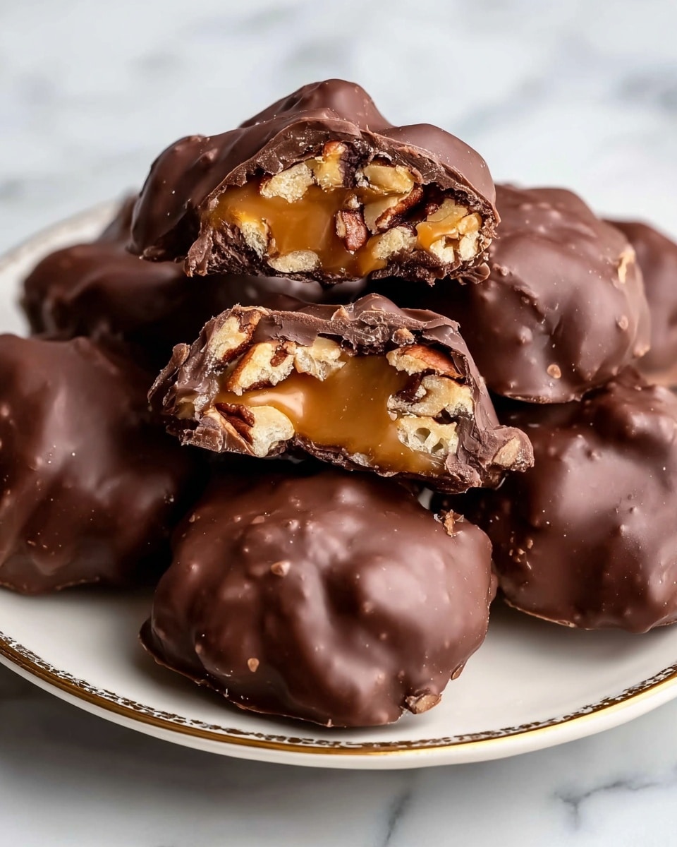The image shows several chocolate-covered clusters on a white plate with a thin gold rim, placed on a white marbled surface. Each cluster has an irregular, bumpy texture on the outside from the chocolate coating. One cluster is cut open and positioned on top, showing three clear layers: the outer dark brown glossy chocolate shell, a middle layer of golden caramel that looks sticky and soft, and an inner layer packed with light to medium brown pecan nut pieces with a natural rough texture. The overall look highlights the contrast between the smooth chocolate, gooey caramel, and crunchy nuts. photo taken with an iphone --ar 4:5 --v 7