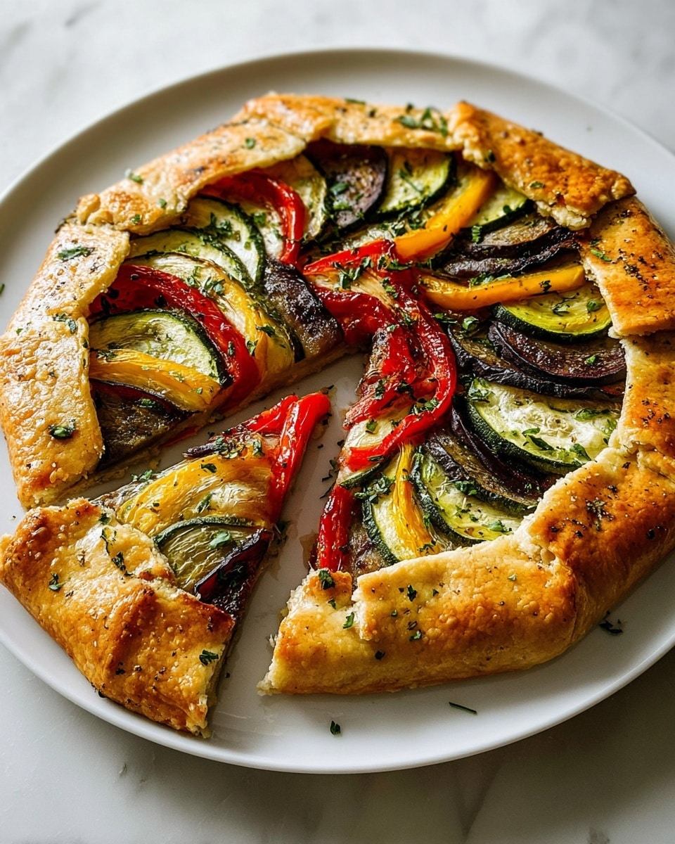 A round vegetable galette with a rustic golden-brown crust folded over the edges, showing one slice slightly pulled out. Inside, there are three main layers of thinly sliced vegetables arranged in a circular pattern: green zucchini, deep purple eggplant, and bright red and yellow bell peppers. The vegetables appear cooked with a slight shine and are sprinkled with small green herb flakes. The galette sits on a simple white plate on a white marbled texture surface. Photo taken with an iphone --ar 4:5 --v 7