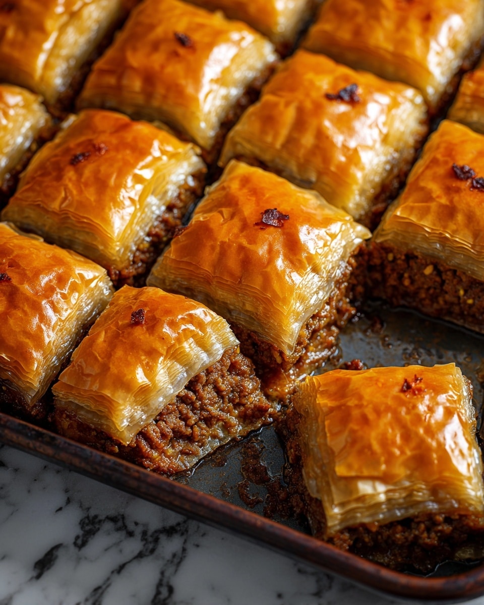 The image shows a tray of golden brown baklava squares with multiple thin, flaky layers of shiny pastry on top. Each piece is cut into a neat square shape, revealing a rich, dark brown ground meat filling underneath the crisp pastry. The top layers are crisp and slightly glossy with a few spots of darker browning, while the ground meat layer looks moist and textured. The baklava pieces are tightly packed on a dark baking tray, with one piece pulled out slightly to show the filling and layers clearly. The background has a white marbled texture. Photo taken with an iphone --ar 4:5 --v 7