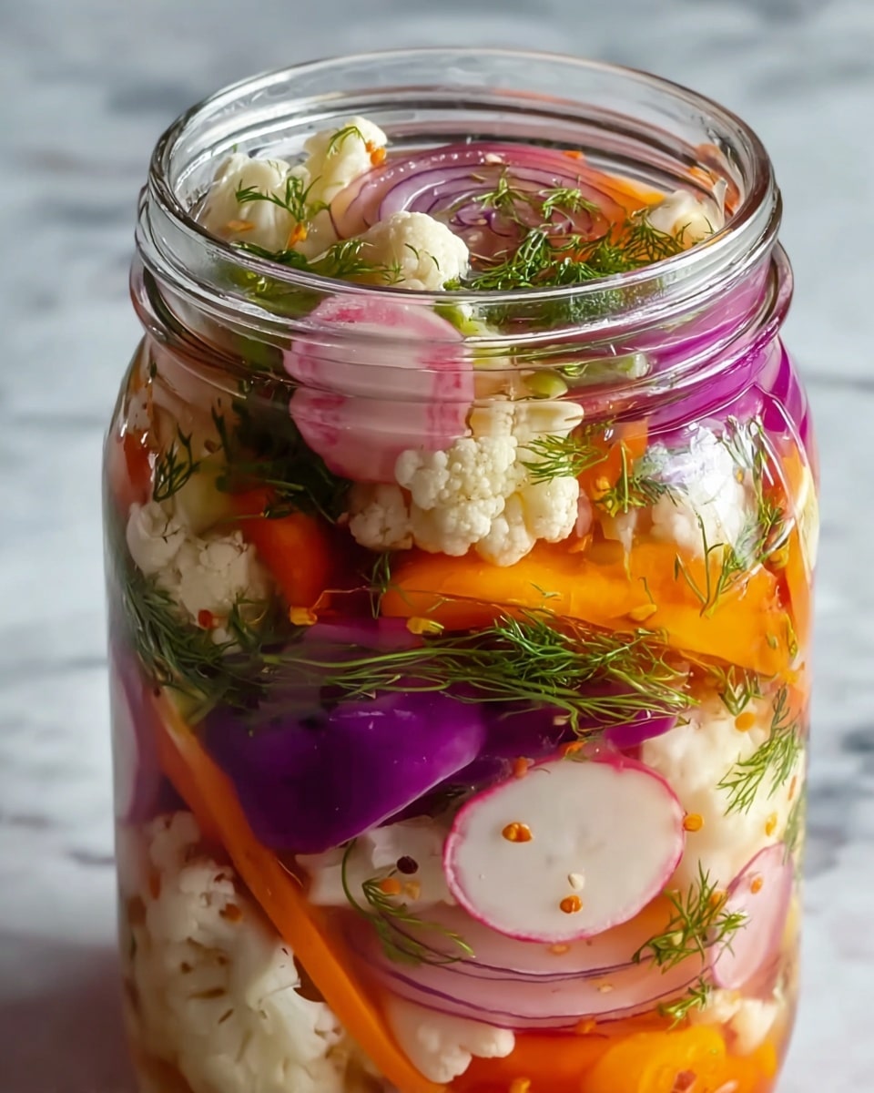 The image shows a close-up of a glass jar filled with layers of pickled vegetables. The bottom layer includes light pink radish slices, followed by thin slices of orange carrots and white cauliflower florets mixed with fresh green dill sprigs dispersed throughout the layers. There are also vivid purple onion slices near the middle, with more carrots, cauliflower, and dill filling the upper part of the jar. The vegetables are submerged in a clear brine, creating a glossy texture on the vegetables. The jar is placed on a white marbled surface, making the bright colors of the pickled vegetables stand out clearly. photo taken with an iphone --ar 4:5 --v 7