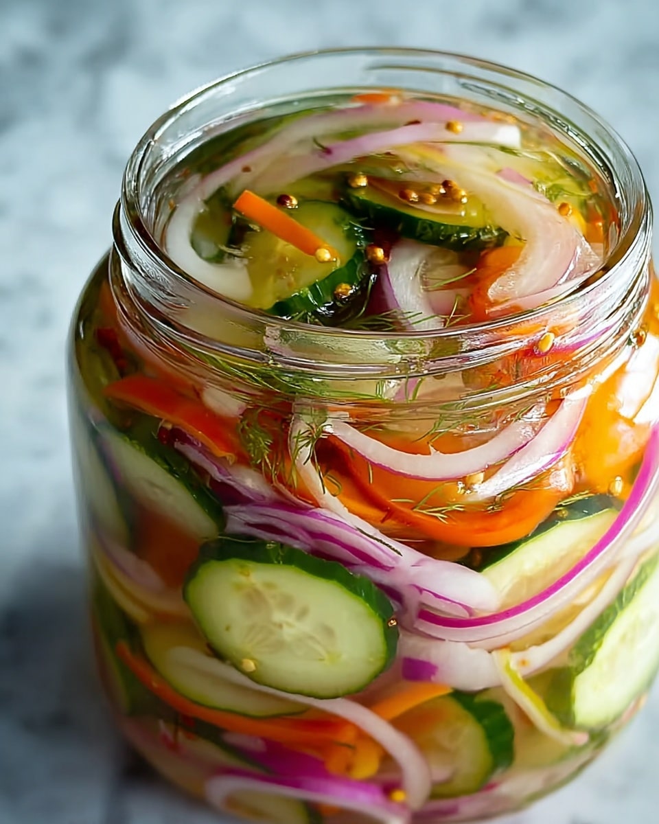A close-up view of a glass jar filled with thinly sliced pickled vegetables arranged in layers; at the bottom, there are translucent white and light purple rings of onion, followed by vibrant green cucumber slices with seeds visible, and bright orange carrot strips interspersed throughout. Small mustard seeds and herbs like dill are scattered among the vegetables, all immersed in clear, glossy pickling liquid that adds a shiny texture to the layers. The jar is open, and the background is a white marbled texture. photo taken with an iphone --ar 4:5 --v 7