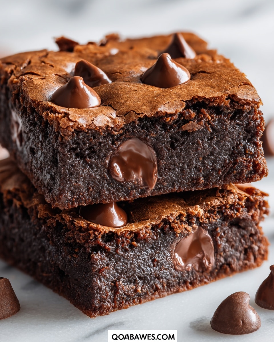 The image shows two thick brownies stacked on top of each other on a white marbled surface. Each brownie has a rich, dark brown color with a slightly cracked, crisp top layer that is lighter brown. The brownies are filled with large, glossy chocolate chips embedded inside and some resting on the top surface. The texture looks dense and fudgy inside with a soft, gooey chocolate appearance around the chips. The edges of the brownies are slightly rough and crumbly, adding contrast to the smooth, shiny chocolate chips. Photo taken with an iphone --ar 4:5 --v 7