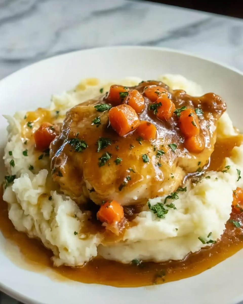 A white plate holds a dish with two main layers. The bottom layer is creamy mashed potatoes in an off-white color with a smooth, slightly fluffy texture, spread thickly at the back of the plate. On top, there is a golden-brown cooked piece of chicken with a shiny glaze of brown sauce covering it, making the surface look moist and rich. Small pieces of bright orange carrots and chopped green herbs are scattered over the chicken, adding color contrast. The brown sauce pools around the chicken and spreads slightly onto the mashed potatoes. The background has a white marbled texture. photo taken with an iphone --ar 4:5 --v 7