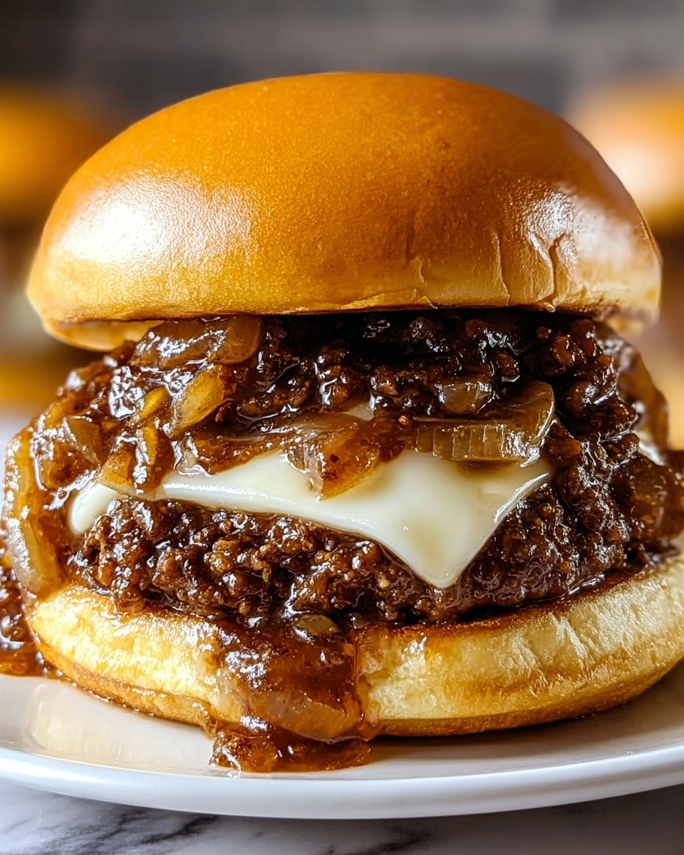 A close-up view of a cheeseburger on a white plate with a white marbled texture background, showing four distinct layers: the shiny, golden brown top bun with a smooth texture, a layer of glossy, cooked onions with a slightly translucent amber color draped over dark brown, textured ground beef mixed with a rich brown sauce, a slice of melted white cheese slightly folded and dripping onto the beef, and a soft, light tan bottom bun absorbing some sauce and juices. The sauce is shiny and dripping down the sides of the bottom bun. photo taken with an iphone --ar 4:5 --v 7