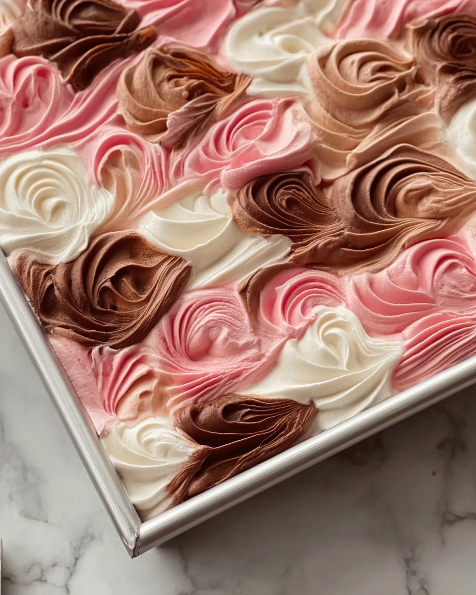 This image shows a close-up of a tray filled with swirled ice cream in three colors: pink, white, and brown. The ice cream is arranged with soft, rounded swirls that create a textured surface throughout the tray. Pink swirls are mixed with creamy white ones and darker brown swirls, all blending smoothly with each other. The tray is rectangular with a clean silver edge, and the background is a white marbled texture. photo taken with an iphone --ar 4:5 --v 7