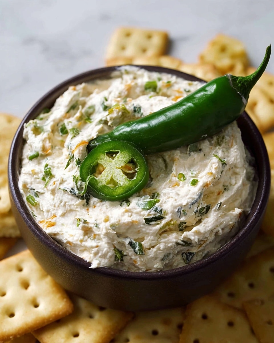 A close-up image of a small white bowl filled with a creamy dip that has a slightly rough texture with bits of green herbs mixed in, making the creamy white base look speckled with small green pieces. On top of the dip, there is a shiny whole green chili and a round green chili slice placed as garnish. Surrounding the bowl are some square crackers with small holes. The bowl is placed on a white marbled textured surface. Photo taken with an iphone --ar 4:5 --v 7