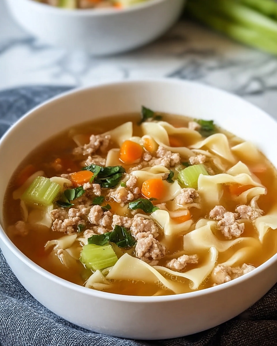 A white bowl filled with a warm soup showing several layers: the bottom layer is a clear, light brown broth, on top of it float folded light yellow noodles with soft edges. Mixed inside the soup are small orange carrot cubes and pale green celery pieces, creating bright color spots. Scattered on the surface are small chunks of cooked ground meat in light brown, with some fresh dark green leafy herbs adding contrast. The bowl sits on a gray-blue cloth on a white marbled surface, with another white bowl blurred in the background. photo taken with an iphone --ar 4:5 --v 7