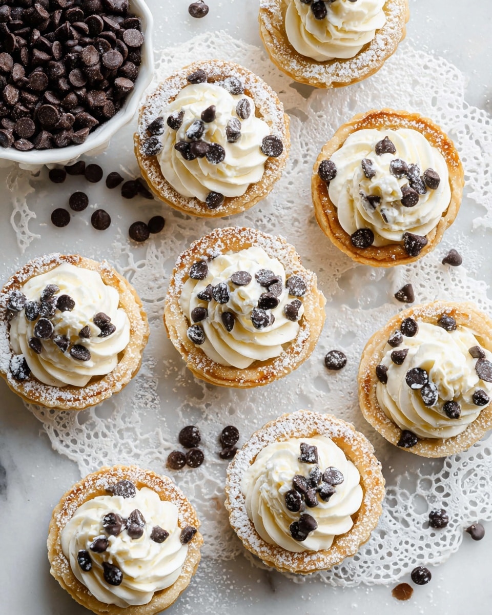 The image shows a group of small tartlets arranged on a white marbled surface, each with two layers: a golden brown pastry shell and a swirl of creamy white filling on top. The creamy layer is decorated with dark chocolate chips scattered evenly, and a light dusting of powdered sugar covers the pastry edges and the filling, adding a soft white texture. In the top left corner, there is a white ceramic bowl filled with shiny dark chocolate chips, some of which are also scattered around the tartlets on the surface. The overall look is clean and inviting, emphasizing the contrast between the creamy filling, the chocolate, and the golden pastry. photo taken with an iphone --ar 4:5 --v 7