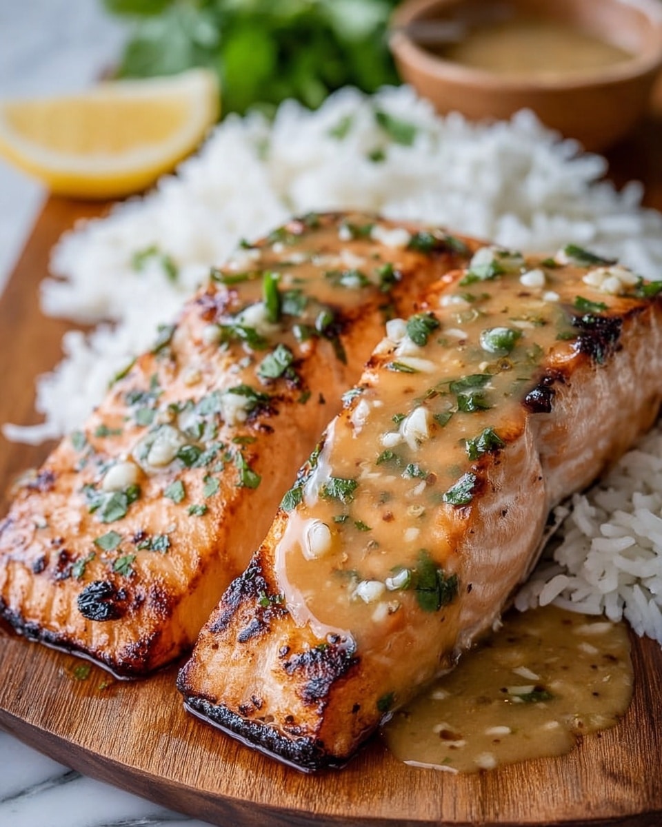 Two thick salmon fillets with a golden, slightly charred edge are placed side by side, covered in a shiny, light brown sauce with small bits of garlic and green herb pieces sprinkled on top. The salmon rests on a bed of white rice with individual grains visible, and there are some green leafy herbs slightly blurred in the background. The dish sits on a wooden board, with a hint of a lemon wedge and a small bowl with more sauce nearby in the upper corners. The surface beneath the board is a white marbled texture. photo taken with an iphone --ar 4:5 --v 7