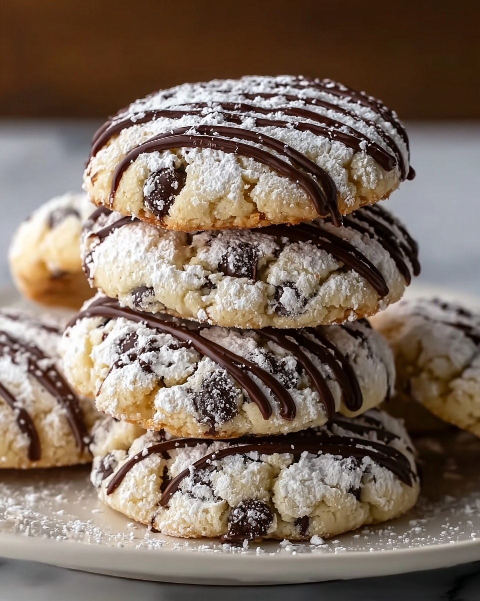 A stack of five round cookies sits on a white plate, each cookie light beige with dark chocolate chips scattered throughout. The cookies are dusted generously with white powdered sugar and decorated with thin, smooth drizzles of dark chocolate running across the top in a wavy pattern. The cookies have a soft, crumbly texture, and the rich chocolate drizzle adds contrast to the pale cookie base. The plate rests on a white marbled surface. photo taken with an iphone --ar 4:5 --v 7