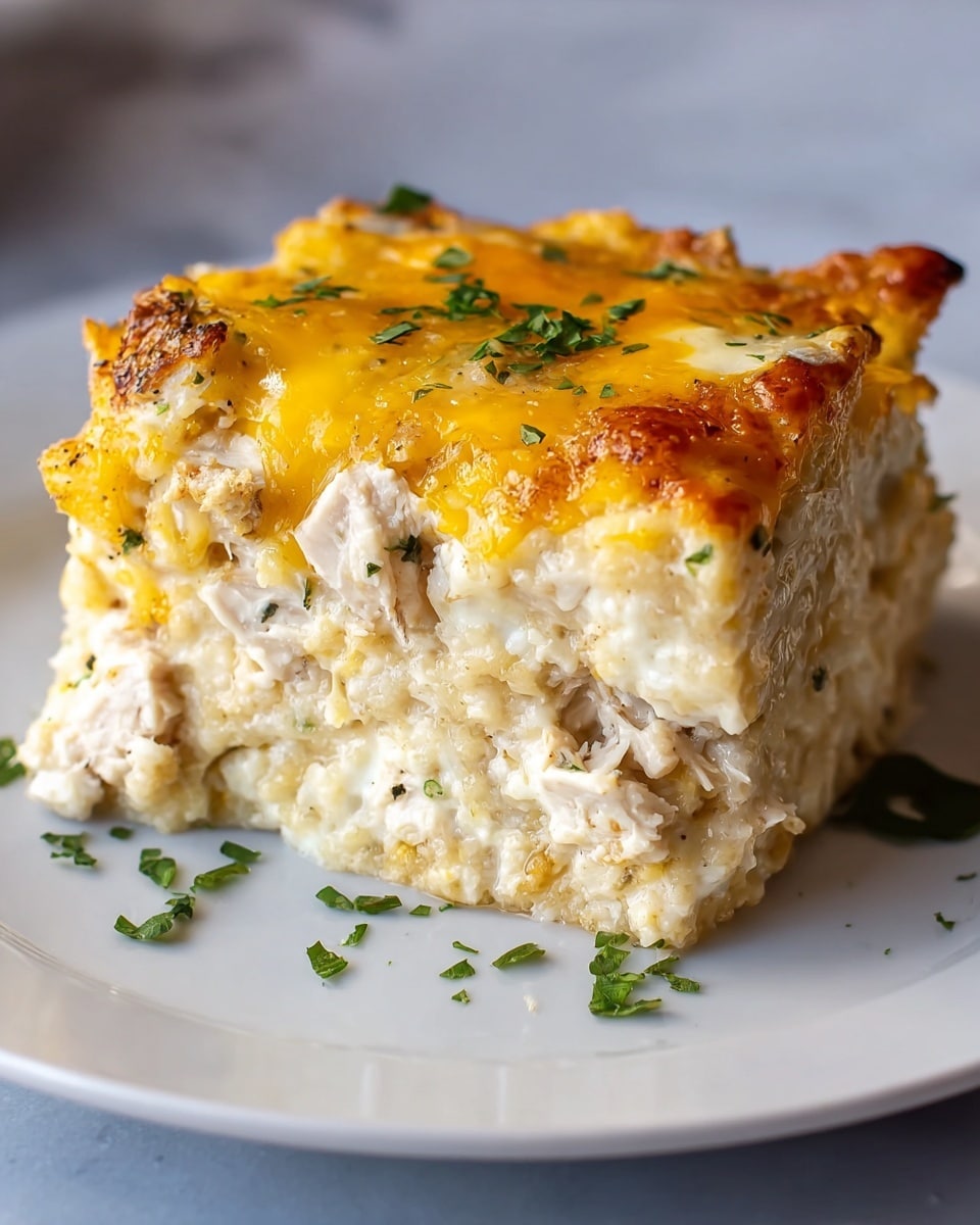 A square piece of cheesy casserole is placed on a white plate set against a white marbled texture. The casserole has three visible layers: a bottom layer of light, creamy white mixture with herbs and shredded chicken, a middle layer that looks soft and creamy with bits of cheese mixed in, and a top layer of melted golden yellow and light brown cheese with a slightly crispy texture. Green chopped herbs are sprinkled on top and around the plate, adding fresh color. Photo taken with an iphone --ar 4:5 --v 7