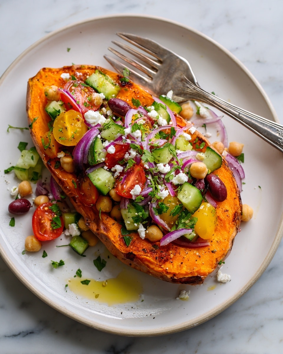 A baked sweet potato with wrinkled brown skin sits open on a white plate, filled with a colorful mix. The base layer inside is bright orange mashed sweet potato, topped with a salad of dark purple olives, pale beige chickpeas, diced green cucumber with skin, halved red cherry tomatoes, small pieces of white feta cheese, and small chunks of purple onion. Fresh green herbs are sprinkled over the top and around the plate, with a drizzle of light olive oil adding shine. The background is a white marbled texture. photo taken with an iphone --ar 4:5 --v 7