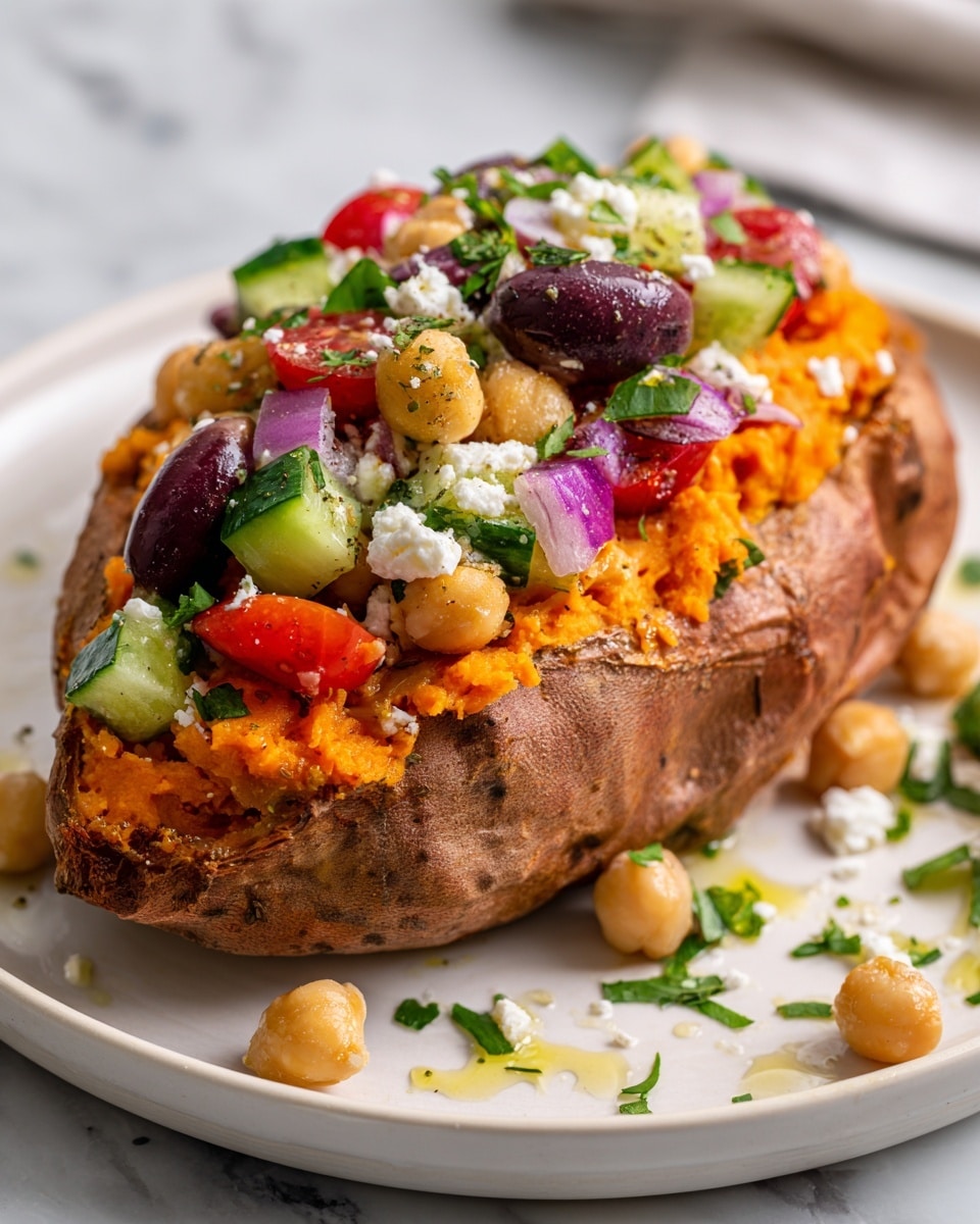 A roasted sweet potato half forms the base layer with its bright orange, soft, and smooth texture, slightly charred on the edges. On top, there is a colorful salad layer made up of chickpeas, dark purple kidney beans, diced bright green cucumbers, and thin rings of light purple-red onion. Scattered throughout are halved cherry tomatoes in red and yellow, and crumbled white feta cheese. Finely chopped fresh green herbs are sprinkled generously across the dish, adding a fresh touch. The food is served on a white plate with some olive oil drizzled around, and a silver fork rests on the side. The background is a white marbled surface. photo taken with an iphone --ar 4:5 --v 7