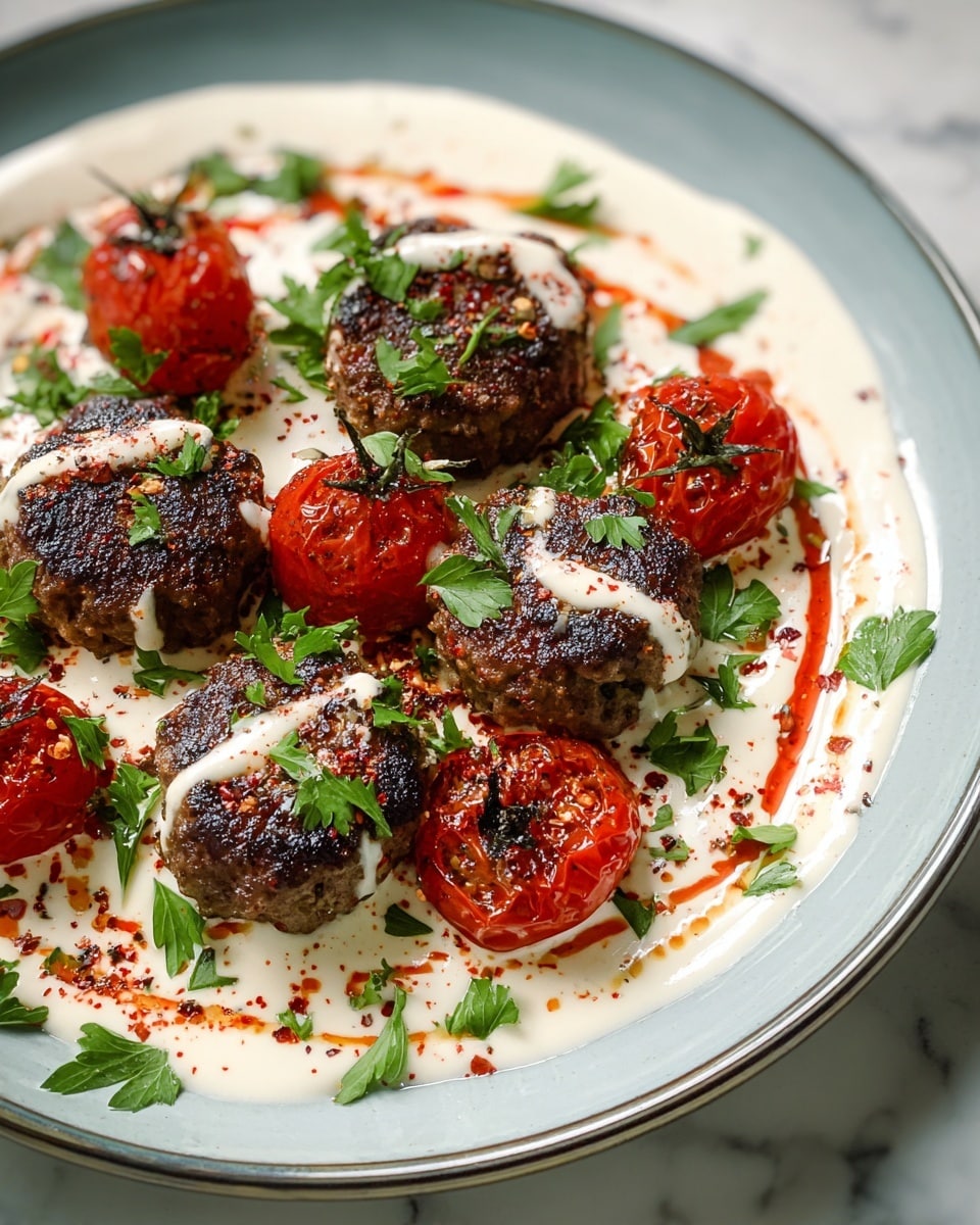 A white plate holds a dish with three small, round, dark brown grilled patties arranged in the center, each topped with a drizzle of light cream sauce. Around the patties are four bright red roasted cherry tomatoes with slightly blackened skins. A thick layer of creamy white sauce spreads beneath all elements, decorated with thin lines of reddish spice or sauce. Fresh green parsley leaves are scattered over everything, adding a fresh touch and bright color contrast. The plate sits on a white marbled surface. photo taken with an iphone --ar 4:5 --v 7