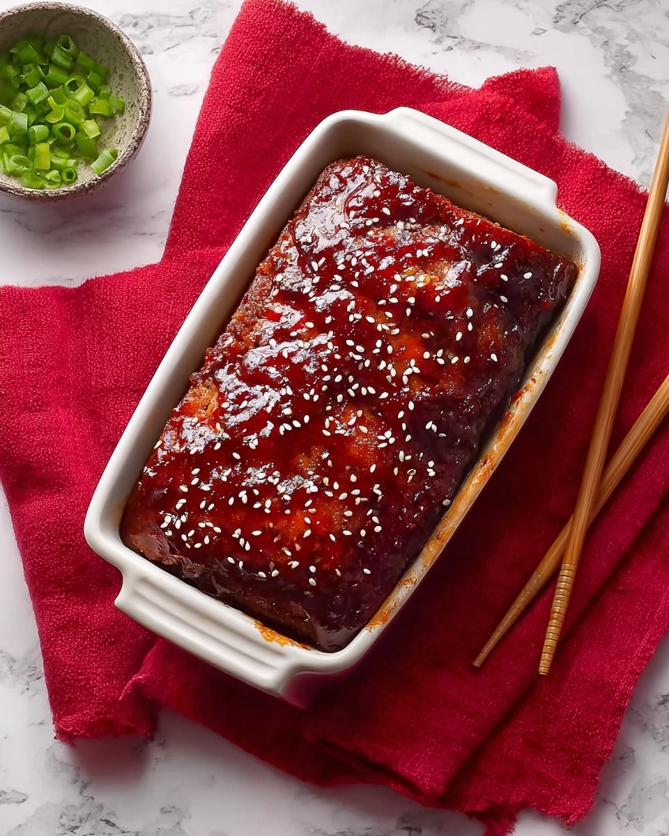 A rectangular white ceramic dish holds a single piece of glazed meatloaf covered in a thick, glossy dark red sauce with a rich caramelized texture, sprinkled evenly with white sesame seeds. The meatloaf appears well-cooked with slightly charred edges adding a textured look. The dish is placed on a bright red cloth, lying on a white marbled surface. To the left, there is a small round bowl with fresh chopped green onions, and to the right, a pair of wooden chopsticks rest on the red cloth. Photo taken with an iphone --ar 4:5 --v 7