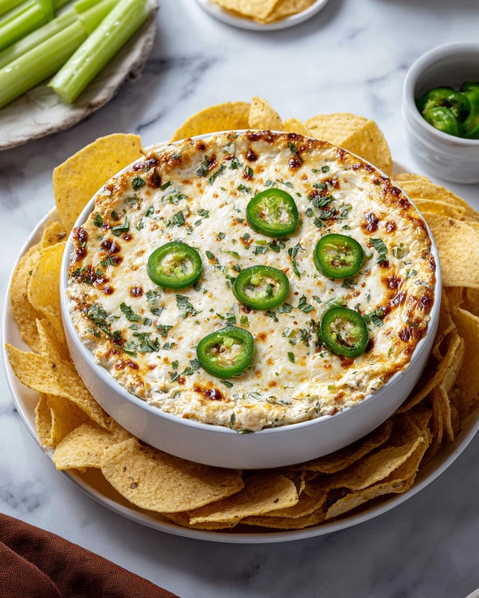 A white bowl filled with a baked creamy dip that has a golden brown top layer from melted cheese, speckled with green chopped herbs and topped with six slices of fresh green jalapeño peppers evenly spread. The bowl sits on a white plate, surrounded by layered light yellow tortilla chips forming a ring. Nearby on the white marbled surface, there is a partial view of a white plate with celery sticks and a small white bowl with sliced jalapeños. A corner of a brown cloth is visible in the bottom left corner. Photo taken with an iphone --ar 4:5 --v 7