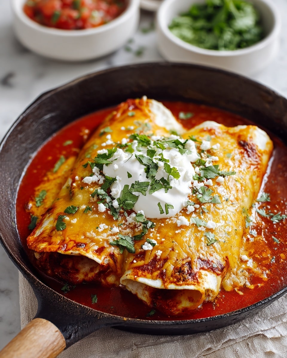 A cast iron pan holds two folded tortillas with a golden melted cheese layer on top, showing a slightly crispy, browned texture. The tortillas are bathed in a thick, bright red sauce that fills the pan around their sides. On top of the cheese layer, there is a dollop of white sour cream, sprinkled with crumbled white cheese and bright green chopped cilantro leaves, adding fresh color and texture. The pan rests on a white marbled surface with a light cloth underneath, and in the blurred background, there are white bowls containing red salsa and green herbs. Photo taken with an iphone --ar 4:5 --v 7