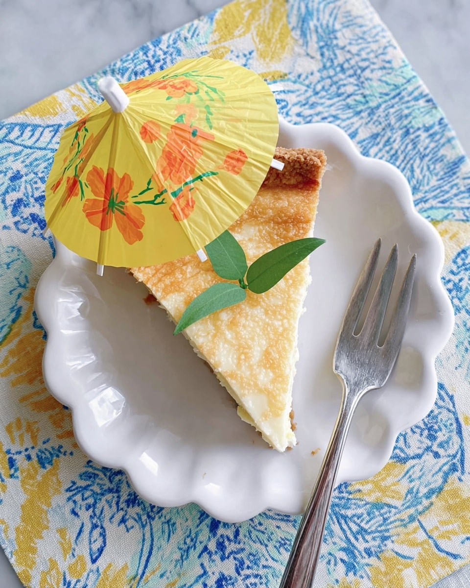 A single slice of pie is placed on a white scalloped plate, showing a golden brown crust with a slightly crispy top layer. The filling underneath is pale yellow and smooth, suggesting a creamy texture. On top of the pie slice, there is a small yellow paper umbrella decorated with orange flowers and green leaves, along with a small green leaf tucked under the umbrella, adding a fresh touch. A silver fork rests on the right side of the plate. This setup is on a white marbled surface with a blue and yellow patterned cloth underneath the plate. Photo taken with an iphone --ar 4:5 --v 7
