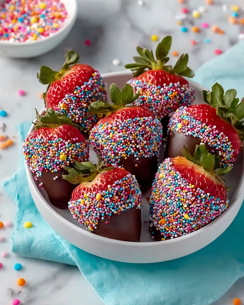 A white bowl holds six large strawberries, each dipped halfway in a glossy dark chocolate layer that covers the bottom half of the bright red strawberries. The chocolate is thick enough to hold tiny, round, colorful sprinkles in shades of pink, blue, yellow, white, and orange, densely packed on the chocolate area. The green leaves on the top of each strawberry stand fresh and bright, contrasting with the rich colors below. The bowl is set on a light blue cloth, all placed on a white marbled surface with scattered sprinkles and a small white dish filled with more colorful round sprinkles visible in the top left corner. Photo taken with an iphone --ar 4:5 --v 7