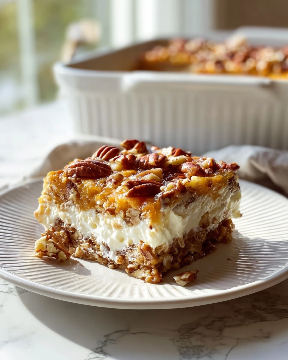A square slice of a layered dessert is placed on a white plate with ridged edges, resting on a white marbled surface. The bottom layer is a dense, chewy crust packed with chopped nuts, light brown in color. Above this crust is a thick, creamy white layer of smooth texture that looks soft and rich. The top layer is a golden-brown, slightly crispy baked custard filled with whole and chopped pecans scattered evenly across the surface, giving a crunchy texture. In the background, a white baking dish holds the rest of the dessert, slightly out of focus. The photo is taken in soft natural light coming from a window, making the textures and colors stand out warmly. photo taken with an iphone --ar 4:5 --v 7