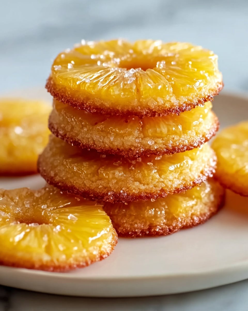 A stack of four round pineapple upside-down cookies is shown on a white plate with a white marbled texture background. Each cookie has a shiny, golden yellow pineapple slice on top with a slightly translucent, glossy texture that shows the pineapple's natural lines spreading out from the center. The pineapple slices look juicy and slightly caramelized. Underneath each slice, the cookie base is light golden-brown with a crumbly texture visible around the edges, which are sprinkled with coarse sugar crystals that add sparkle and texture. Two more cookies lie flat on the plate around the stack, showing the same layered look of pineapple on cookie. photo taken with an iphone --ar 4:5 --v 7