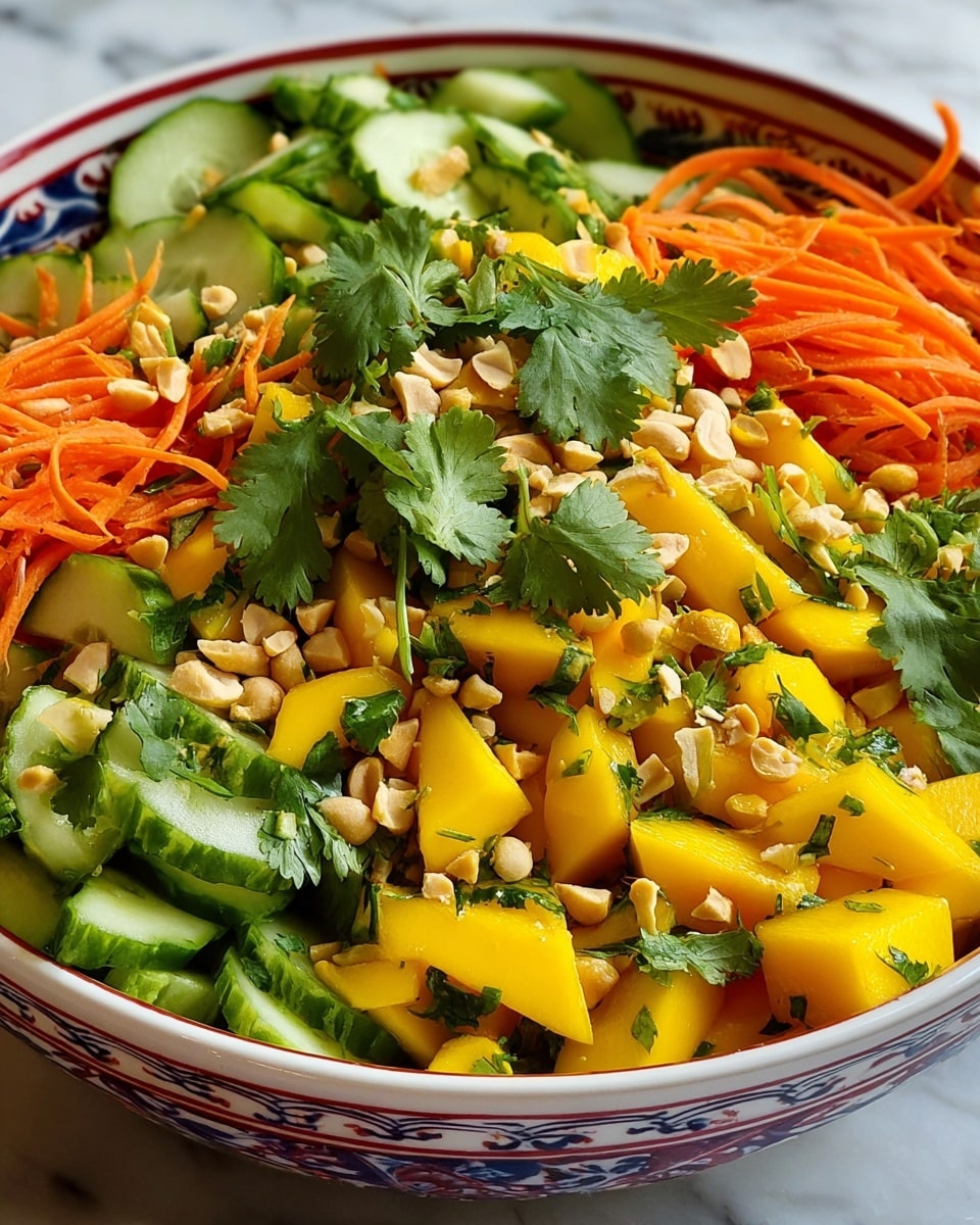 A colorful salad in a white bowl with a red and blue patterned rim, filled with several layers: at the bottom are bright orange shredded carrot strands, on top of that thick slices of green cucumber, then large chunks of vibrant yellow mango pieces, all mixed with chopped green cilantro leaves scattered throughout. Small crushed peanuts are sprinkled over the salad as a crunchy topping, with a few whole cilantro leaves placed in the center for garnish. The bowl sits on a white marbled surface. photo taken with an iphone --ar 4:5 --v 7