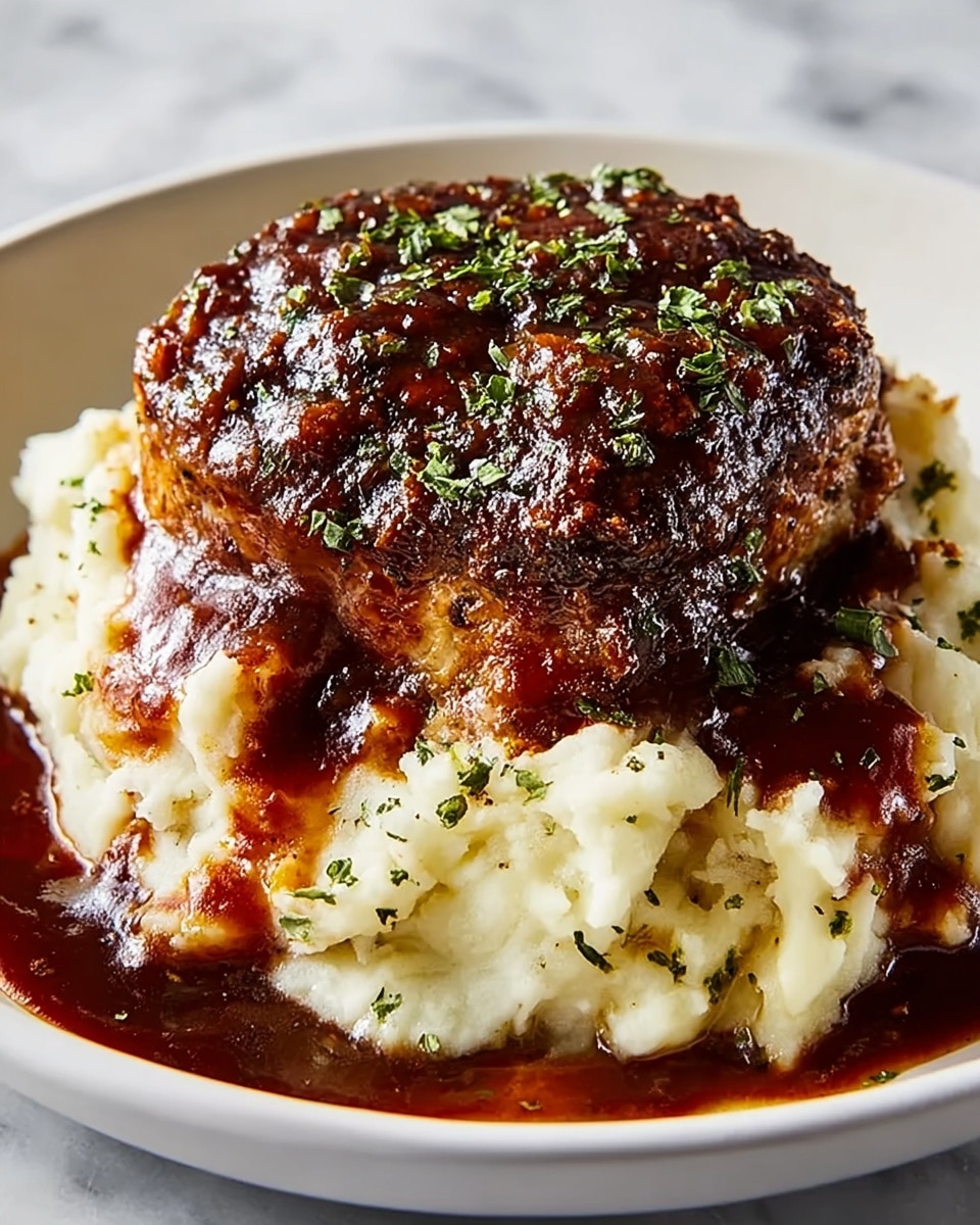 A white plate holds a thick layer of creamy mashed potatoes at the bottom, showing a slightly lumpy texture with hints of herbs mixed in. On top of the mashed potatoes is a large, browned patty or meatloaf with a dark, crispy crust covered in a rich, glossy brown sauce that drips down onto the mashed potatoes. Small bits of green herbs are sprinkled over the top and around the dish, adding a fresh touch. The background is a white marbled surface. Photo taken with an iphone --ar 4:5 --v 7