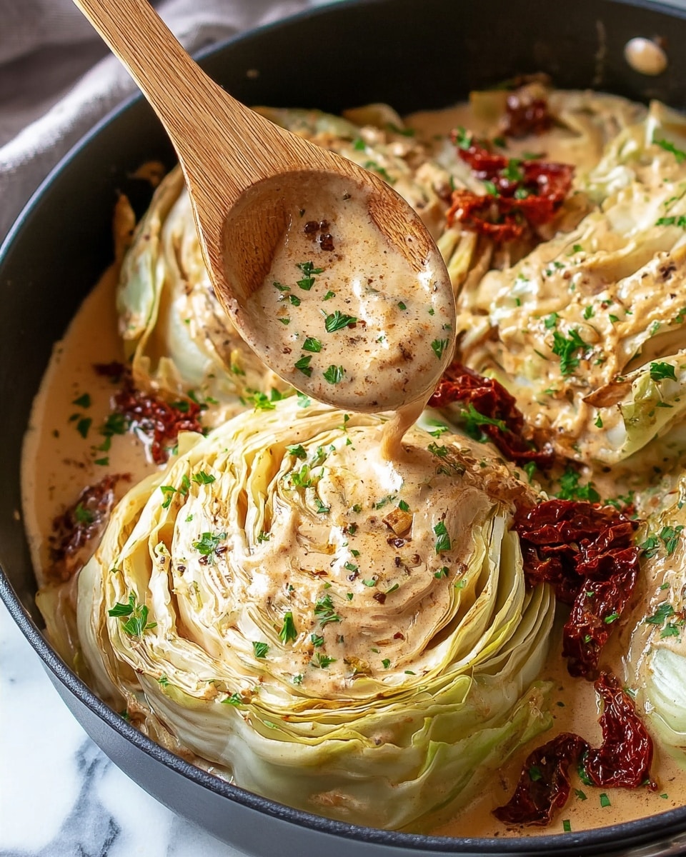 A whole cabbage cut into thick wedges, each wedge showing several layers of pale green and creamy white leaves, sits in a black pan. The cabbage is covered in a creamy light brown sauce with small bits of herbs and black pepper specks. Sun-dried tomato pieces, dark red and wrinkled, are scattered on top of the cabbage and around it in the sauce. Small green parsley bits are sprinkled over the cabbage for color. A wooden spoon is lifting one wedge slightly, showing the sauce dripping slightly over the layers. The pan is placed on a white marbled surface. photo taken with an iphone --ar 4:5 --v 7