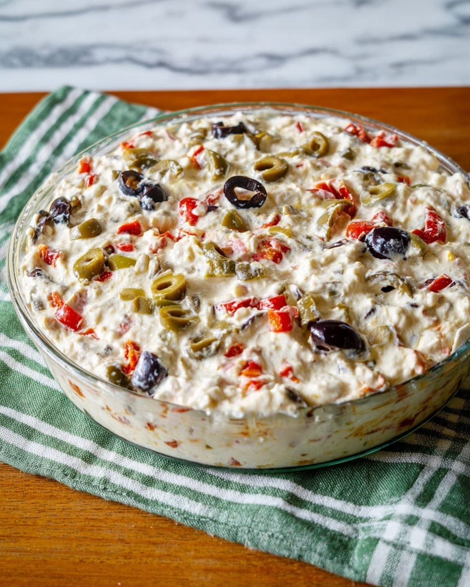 A close-up view showing a woman's hand holding a small piece of creamy dip with visible chunks of orange roasted pepper and herbs. Behind, the dip spread out evenly with layers of creamy white base mixed with pieces of roasted orange and yellow bell peppers, dark olives, and small bits of herbs creating a colorful, textured surface. The scene is set against a white marbled texture. Photo taken with an iphone --ar 4:5 --v 7