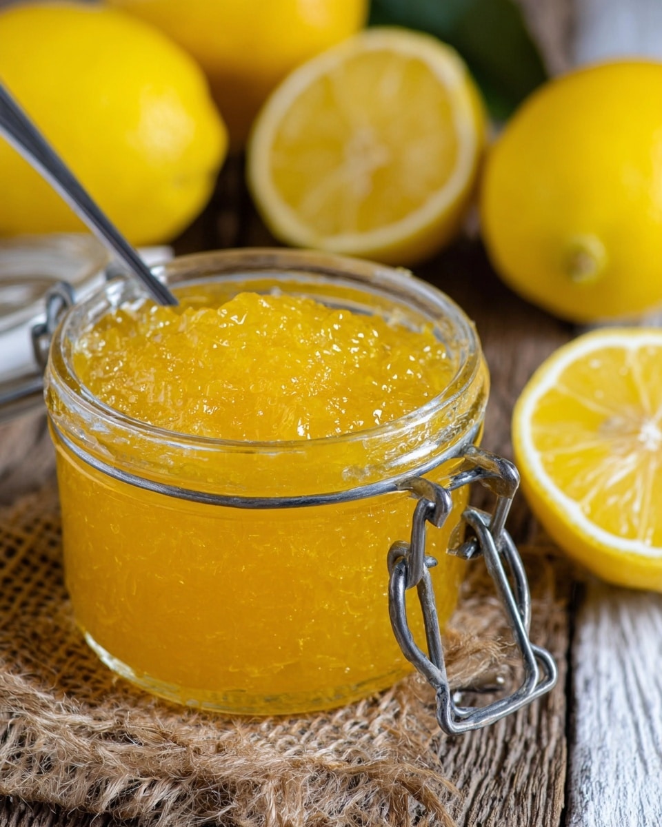 A close-up image showing a clear glass jar filled with bright yellow lemon marmalade, with a textured, slightly translucent top layer that looks shiny and gel-like. The jar has a metal clasp on its sides and is placed on a rough burlap fabric over a rustic wooden surface, but the background is changed to a white marbled texture. Surrounding the jar are whole yellow lemons and one lemon cut in half, showing the juicy, glossy lemon flesh inside. The focus is on the jar and the vibrant marmalade, with the lemons softly blurred behind. Photo taken with an iphone --ar 4:5 --v 7