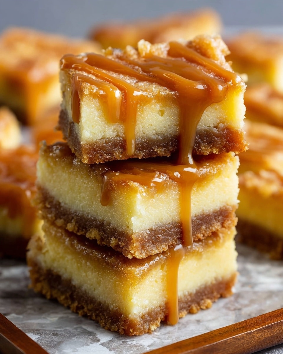 A close-up of a stack of caramel drizzle bars with two visible layers: a dense, golden brown bottom crust with a slightly crisp texture, topped with a thick, light yellow cheesy or custard middle layer that looks soft and moist. The top is unevenly drizzled with shiny, golden caramel sauce that runs down the sides. The stack is placed on a rectangular tray set on a white marbled textured surface, with other caramel bars blurred in the background. Photo taken with an iphone --ar 4:5 --v 7