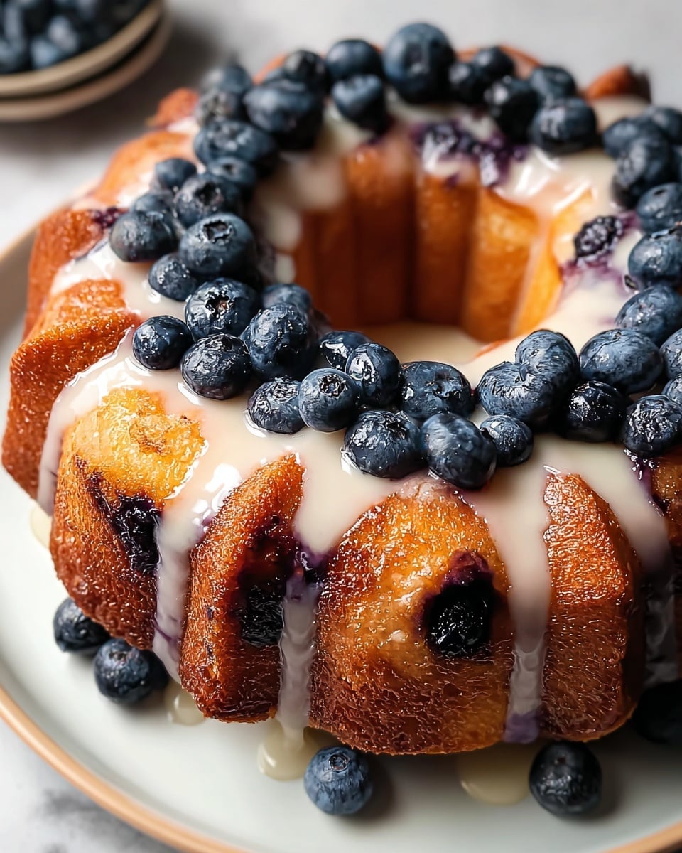 A bundt cake with a golden-brown, slightly crispy outer layer arranged in thick, even sections forming a ring with a hole in the middle. The top of the cake is covered with a glossy layer of creamy white glaze, slightly dripping down the sides, and decorated with fresh, plump blueberries scattered across the surface and in the center hole. The cake is placed on a white plate set on a white marbled texture. Photo taken with an iphone --ar 4:5 --v 7