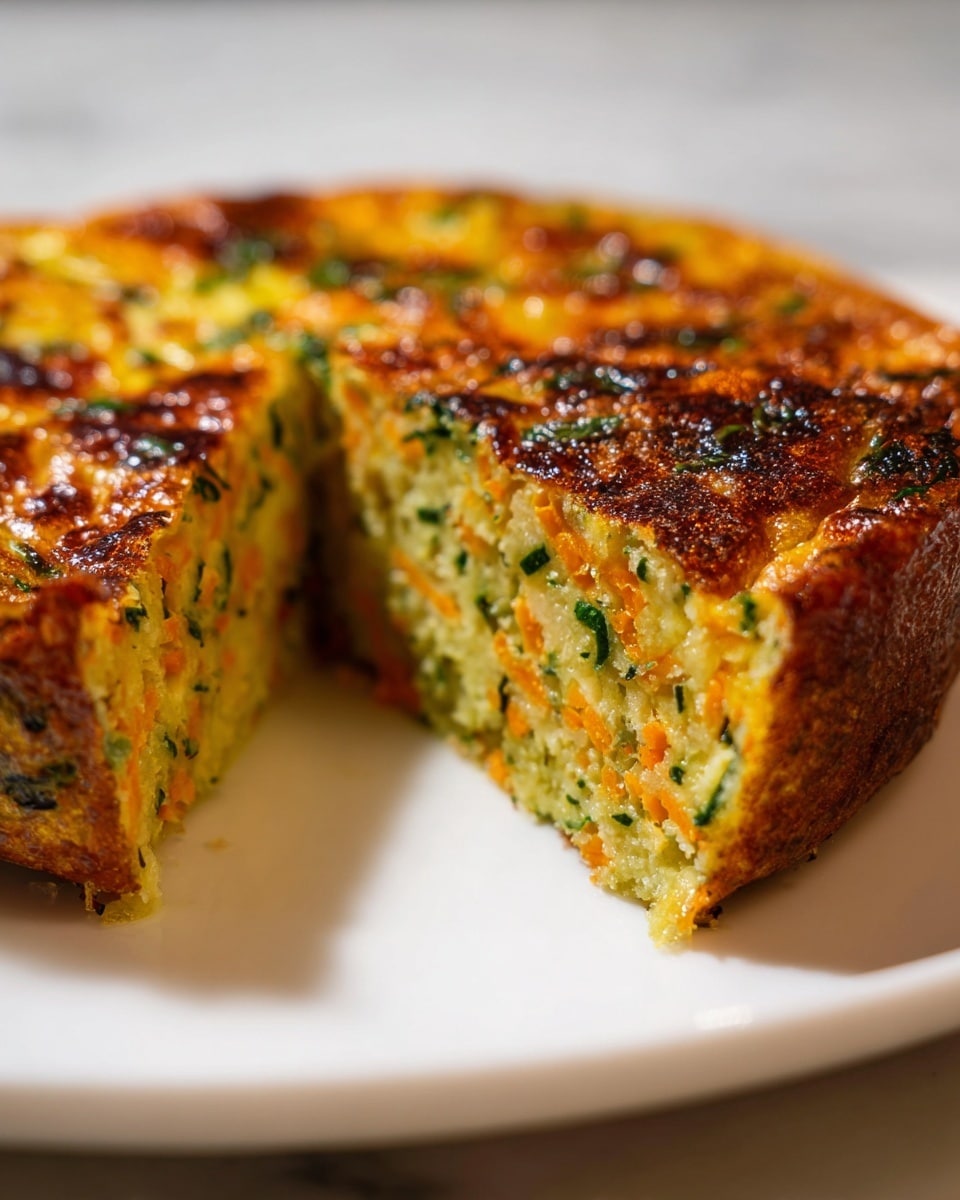 A single thick slice of vegetable frittata rests on a white plate, showing three visible layers: a crisp, golden-brown top with spots of darker caramelization, a dense middle layer filled with finely chopped green herbs and orange carrot bits mixed in a pale yellow egg base, and a slightly lighter bottom with a spongy texture. The slice reveals a moist interior with visible flecks of green and orange vegetables evenly distributed throughout. The white plate is set against a soft, white marbled texture background, highlighting the warm tones of the frittata. photo taken with an iphone --ar 4:5 --v 7