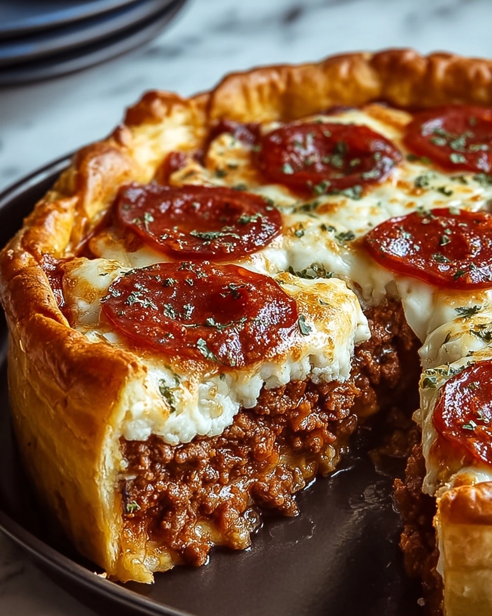 The image shows a close-up of a deep-dish pizza slice on a dark pan resting on a white marbled surface. The pizza has four visible layers: the bottom layer is a thick and golden-baked crust with a crispy, flaky texture; above it is a rich layer of cooked ground meat in a brown sauce; next comes a thick layer of melted, bubbly white cheese; and the top layer is decorated with several round, dark red pepperoni slices with small green herb sprinkles. The pizza edges are thick and golden-brown, and the cheese slightly stretches between the slice and the rest of the pizza. photo taken with an iphone --ar 4:5 --v 7
