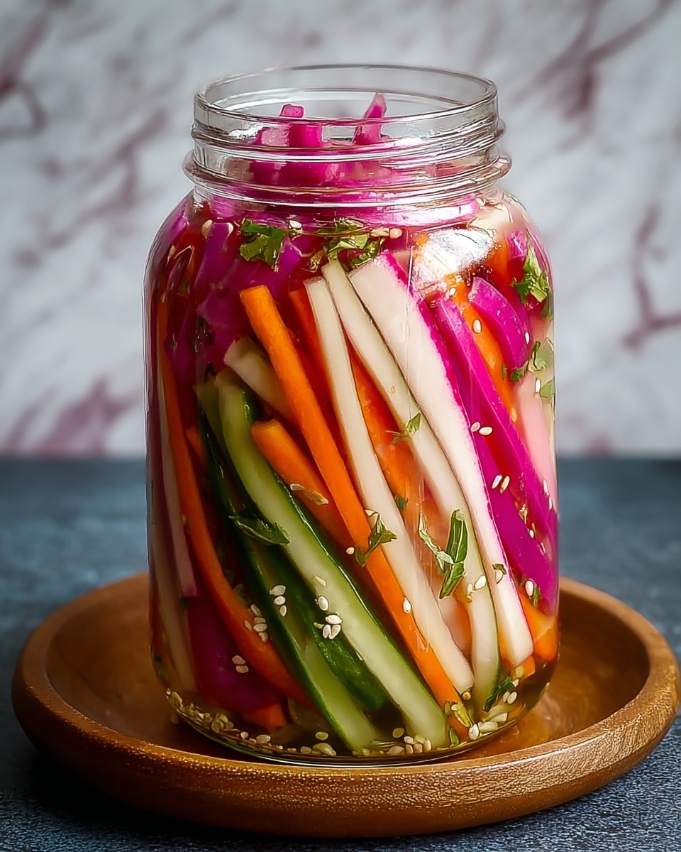 The image shows a clear glass jar filled with colorful pickled vegetables cut into thin sticks as the main visual layers. The bottom layer has light green cucumber sticks with smooth texture, mixed with bright orange carrot sticks that have a slight shine. Above that, there is a mix of white radish sticks with pale pink skin and vibrant purple-red pickled onion sticks with a glossy surface. Scattered small green herb leaves add a fresh touch throughout the jar, along with tiny white mustard seeds floating inside the liquid. The jar sits on a round wooden tray, and a white marbled texture background softly contrasts with the vibrant colors inside the jar. photo taken with an iphone --ar 4:5 --v 7