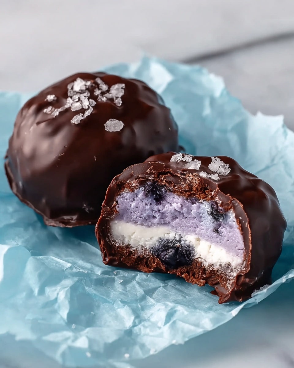 Two chocolate covered treats are shown on a crinkled light blue paper resting on a white marbled surface. One treat is whole with a dark, shiny, and slightly bumpy chocolate shell topped with small flakes of sea salt. The other treat is cut in half, revealing three layers inside: a dark, glossy chocolate coating on the outside, a middle layer of light purple cream with visible blueberries, and a white creamy layer closest to the center. The textures look smooth and soft inside with a rich outer chocolate shell. Photo taken with an iphone --ar 4:5 --v 7