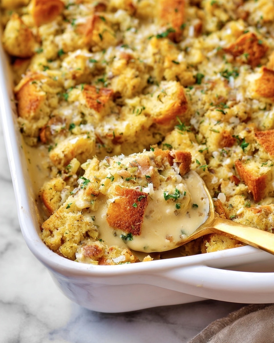 The image shows a creamy baked casserole in a white oval dish, featuring two main layers. The bottom layer is smooth and pale yellow, appearing thick and cheesy. The top layer is a golden brown crumbly mix with small toasted bread chunks and green herbs scattered evenly, adding texture. A gold spoon scoops a portion of the dish, showing the creamy layer beneath and the crumb topping on top. The dish rests on a white marbled surface. Photo taken with an iphone --ar 4:5 --v 7