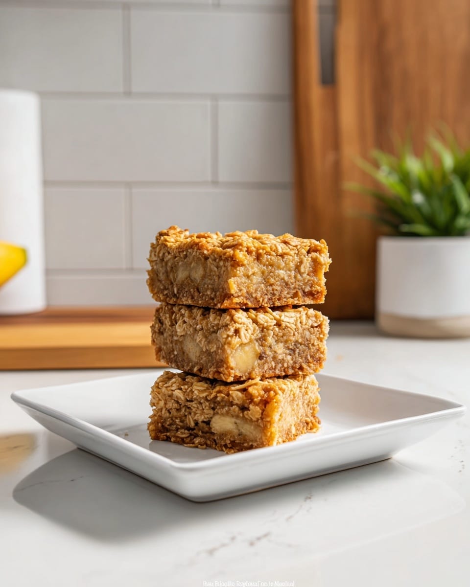 Three square oat bars are stacked on a white square plate, placed on a white marbled surface. Each bar has a golden brown crumbly top and a dense interior showing visible pieces of banana with a light beige color mixed with oats. The texture looks both soft and slightly chewy with a rustic homemade appearance. In the blurred background, there is a white tiled wall, a wooden cutting board, and a small green plant in a white pot. The scene is bright with natural light coming from the side. photo taken with an iphone --ar 4:5 --v 7