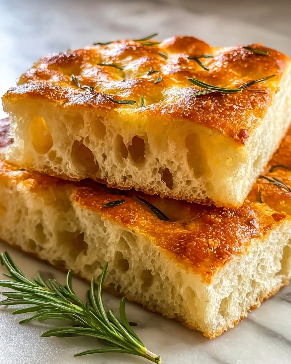 The image shows two thick square slices of focaccia bread stacked on a white marbled surface, with the top slice slightly tilted to reveal its airy, light texture full of small holes. The bread has a golden brown crust with a shiny, slightly oily surface that catches the light, topped with scattered sprigs of rosemary. The bottom slice lies flat, showing a soft and fluffy interior with a thin, crisp crust. Fresh rosemary sprigs are placed beside the bread, adding a green accent to the warm, golden tones of the focaccia. Photo taken with an iphone --ar 4:5 --v 7