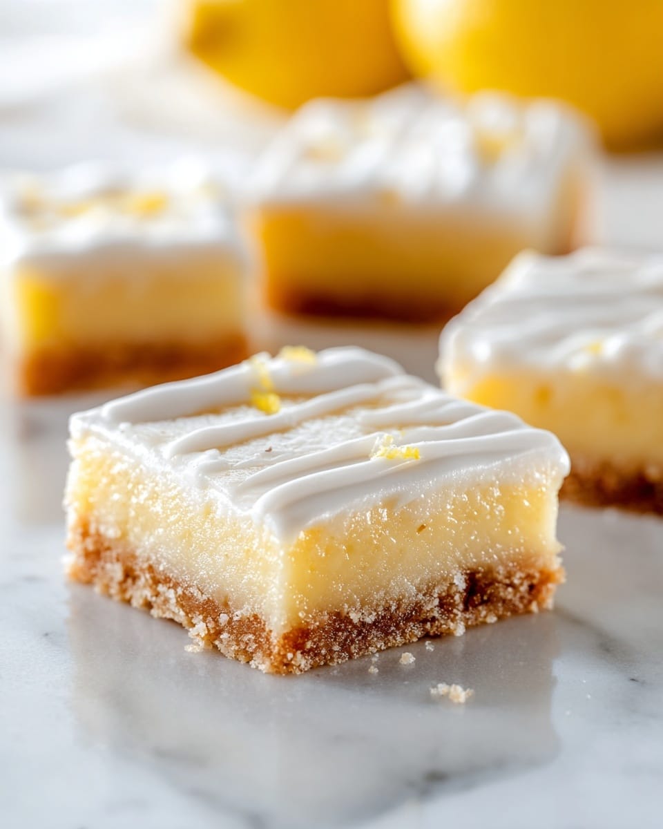 The image shows three square lemon dessert bars with three clear layers: a golden brown crumbly crust on the bottom, a thick pale yellow lemon filling in the middle, and a smooth white icing with a slightly glossy texture drizzled on top. The lemon bars sit on a white marbled surface with a slightly blurred background that includes another lemon. The bars have defined edges and appear moist and fresh. Photo taken with an iphone --ar 4:5 --v 7