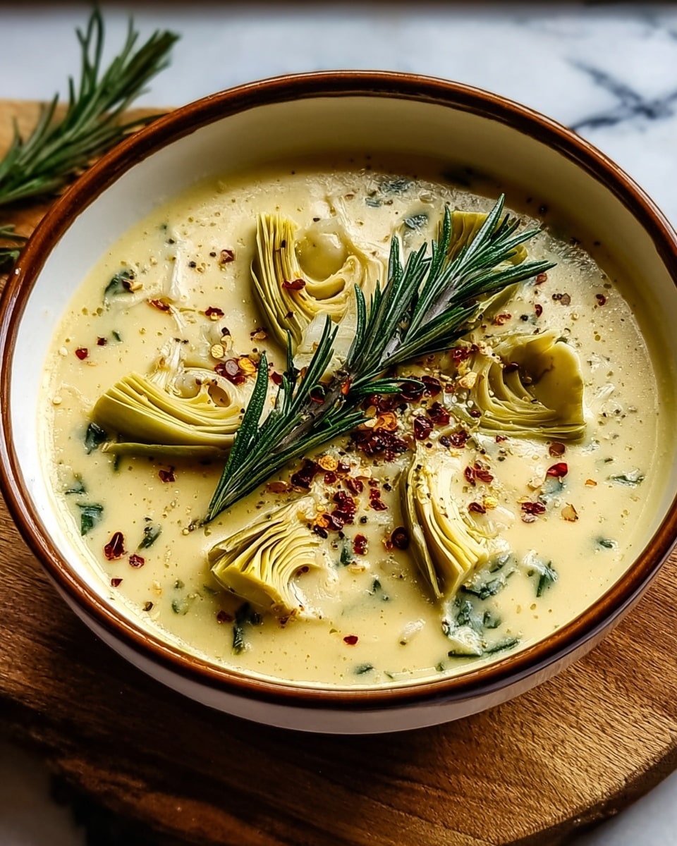 A creamy soup served in a white bowl with a brown rim, filled with a thick, pale yellow base mixed with small green herbs and darker accents. Floating on top are several soft artichoke heart pieces, light green and layered, arranged around the center. A fresh dark green rosemary sprig lies diagonally on top, sprinkled lightly with red chili flakes and black pepper, adding specks of red and black on the smooth surface. The bowl is placed on a wooden board with a white marbled texture underneath. Photo taken with an iphone --ar 4:5 --v 7