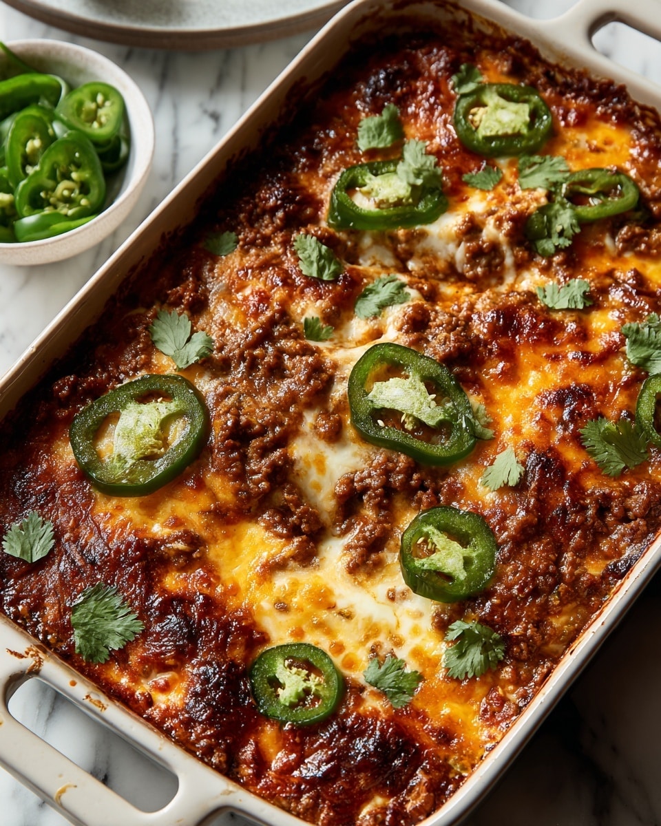 A baked dish in a white rectangular ceramic pan shows a top layer of melted, golden-brown cheese with spots of browned edges. Underneath the cheese, there are uneven bits of cooked ground meat in a reddish sauce, suggesting a thick tomato base. On top, there are several slices of cooked green jalapeño peppers scattered across the surface, along with fresh bright green cilantro leaves placed in several spots. The texture on the top is bubbly and slightly oily, giving a rich and hearty look. The dish rests on a white marbled surface with a small white bowl filled with sliced green jalapeños nearby. photo taken with an iphone --ar 4:5 --v 7