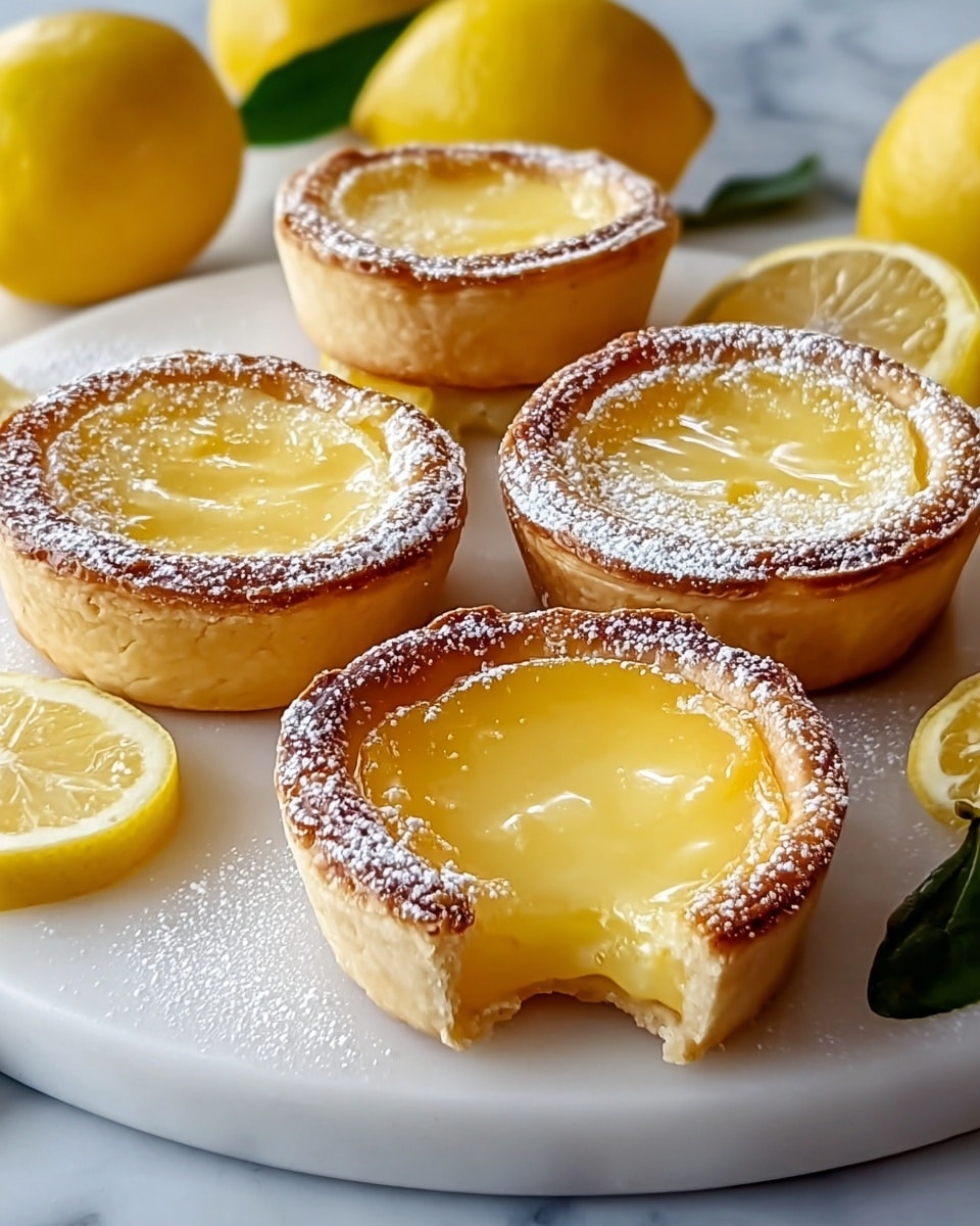 The image shows four lemon tarts arranged on a round white plate over a white marbled surface. Each tart has a golden-brown flaky crust with a slightly raised edge and is filled with glossy, smooth yellow lemon filling. The lemon filling has a shiny and slightly translucent texture. Three of the tarts are whole, topped with a dusting of powdered sugar that contrasts with the golden crust. One tart in the front has a bite taken out, revealing a creamy, dense filling inside the crust. Around the tarts, there are fresh yellow lemons, some whole and some sliced, adding bright yellow and green leaf accents to the scene. photo taken with an iphone --ar 4:5 --v 7